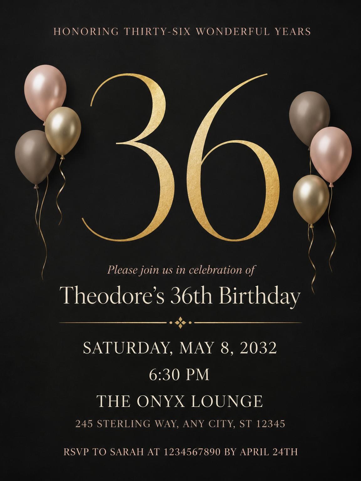 Charcoal and Blush 36th Birthday Invitation