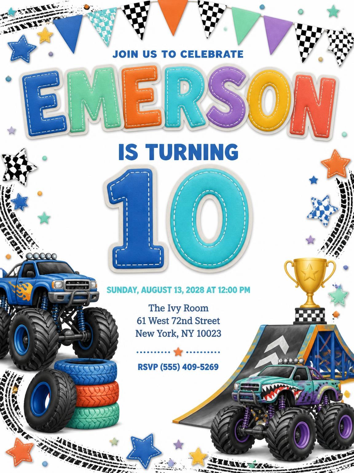 Stitched Monster Truck 10th Birthday Invitation