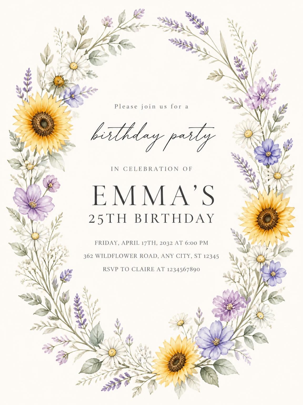 Wildflower Wreath Lavender 25th Birthday Invitation