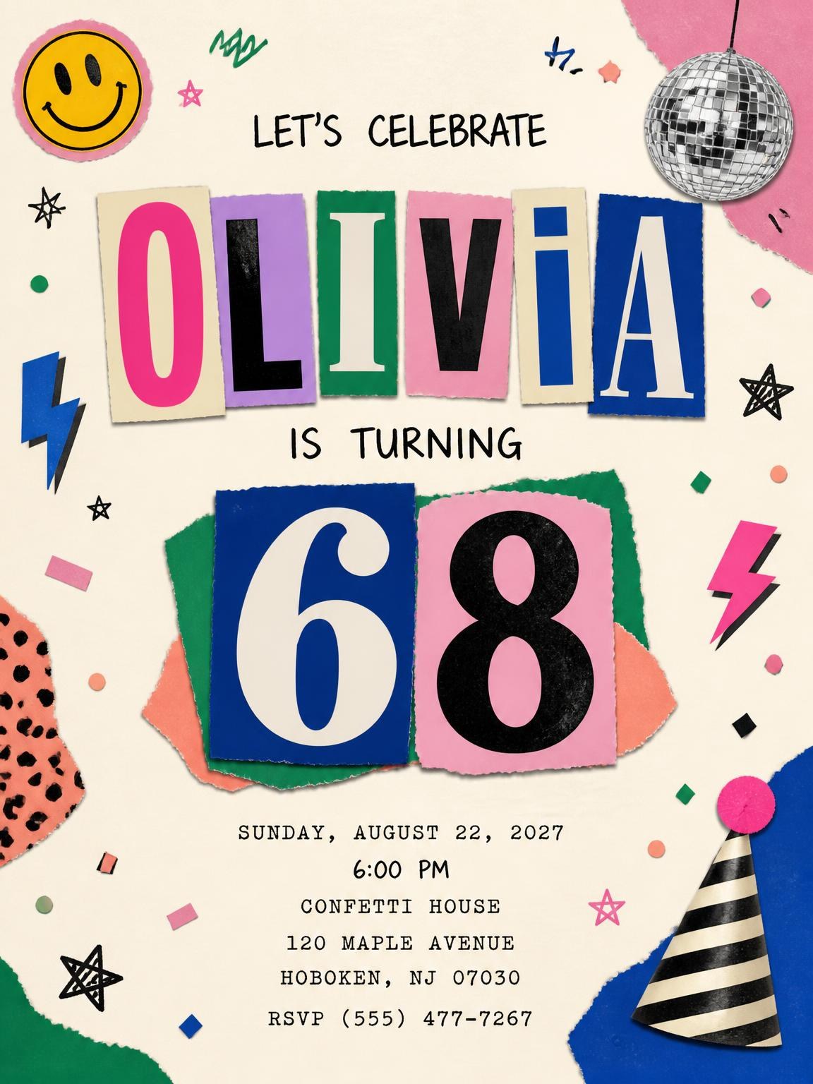 Retro Paper Collage 68th Birthday Invitation