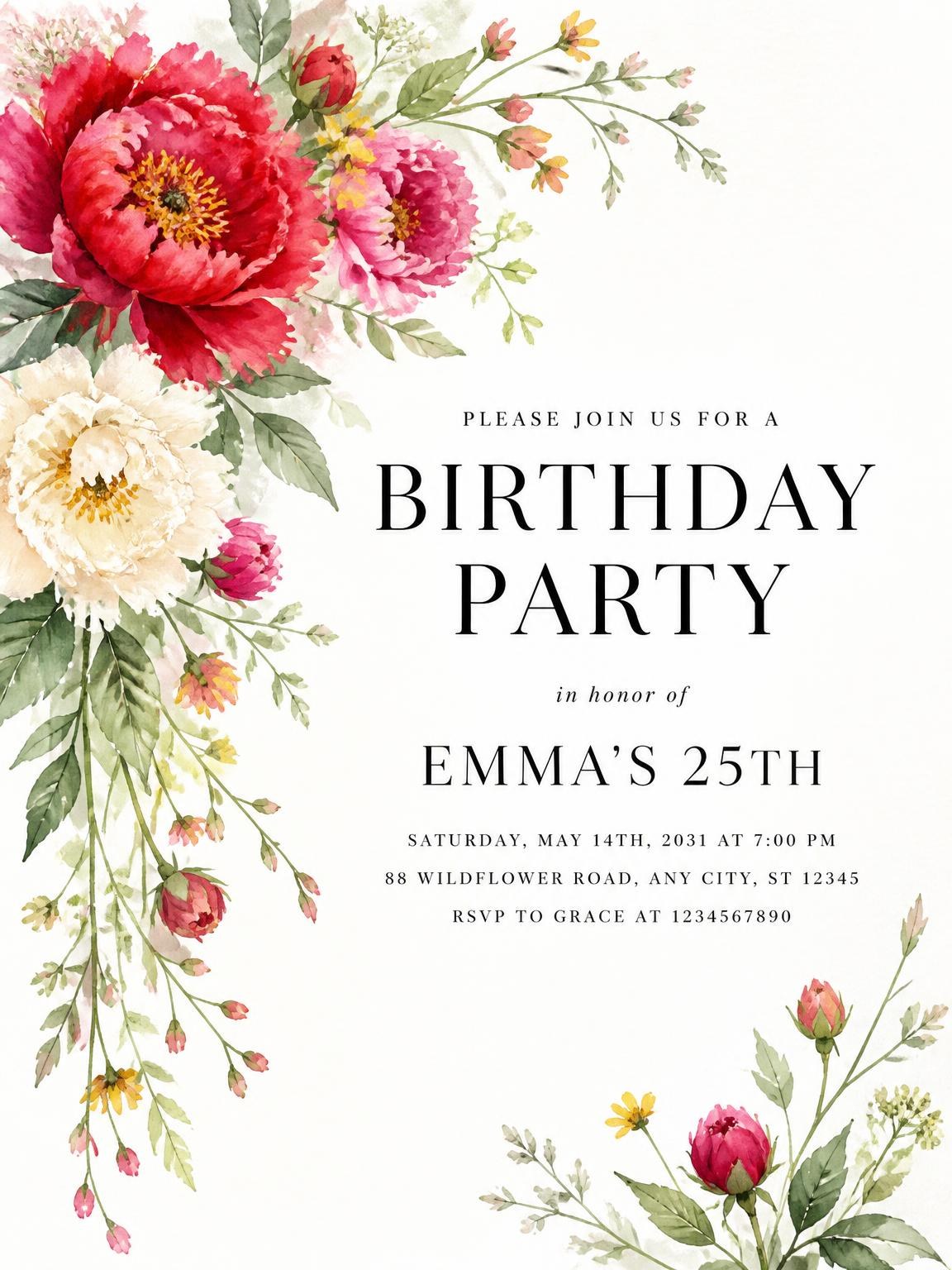 Botanical Bouquet Scarlet 25th Birthday Invitation