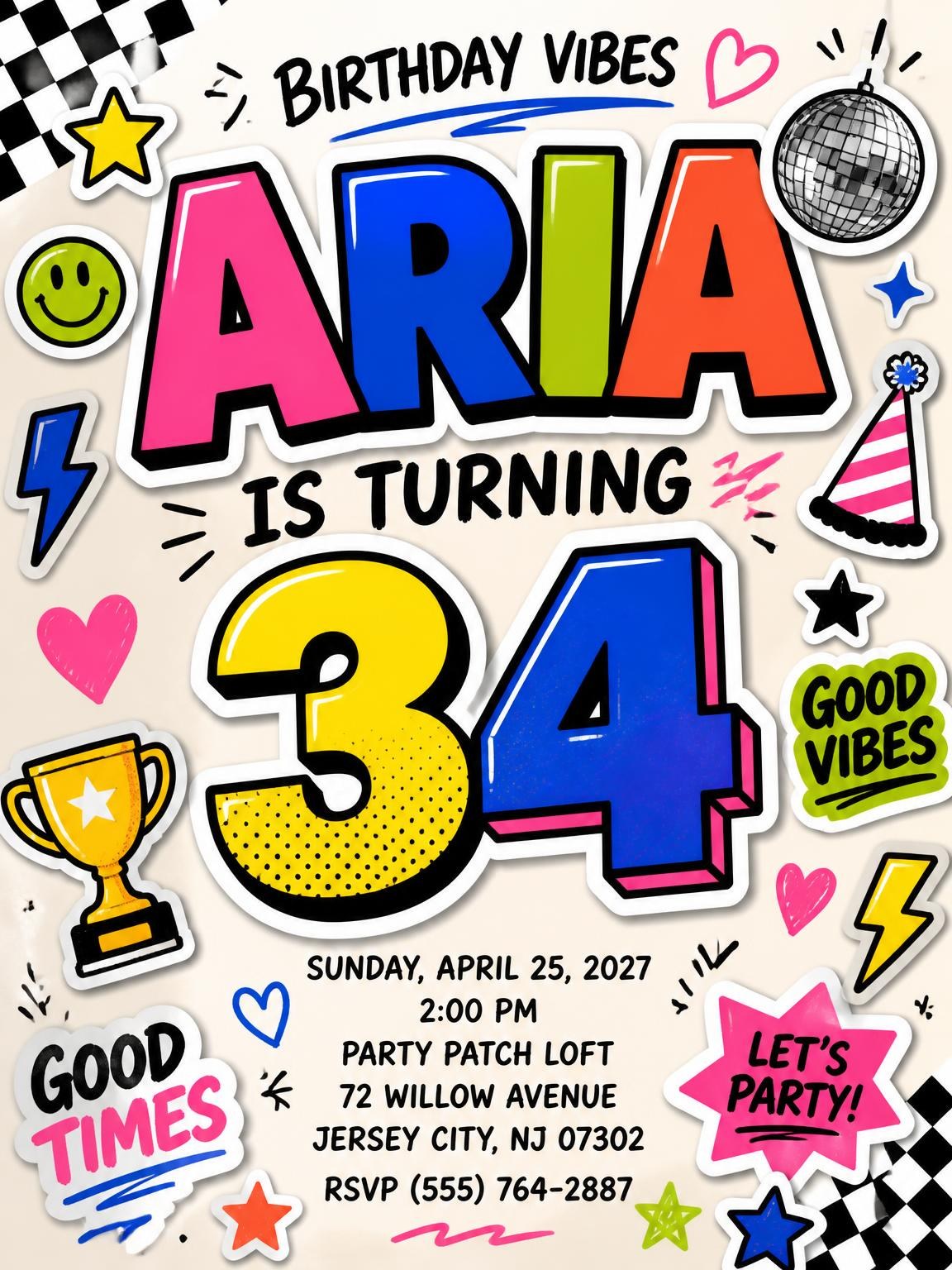 Sticker Pop 34th Birthday Invitation