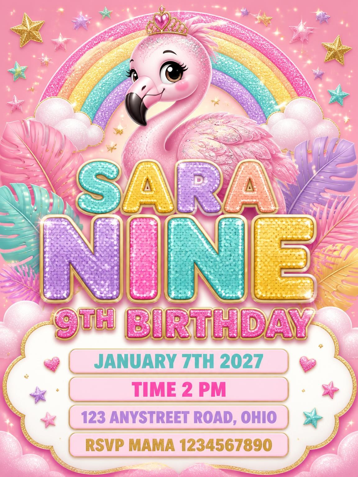 Glitter Flamingo 9th Birthday Invitation