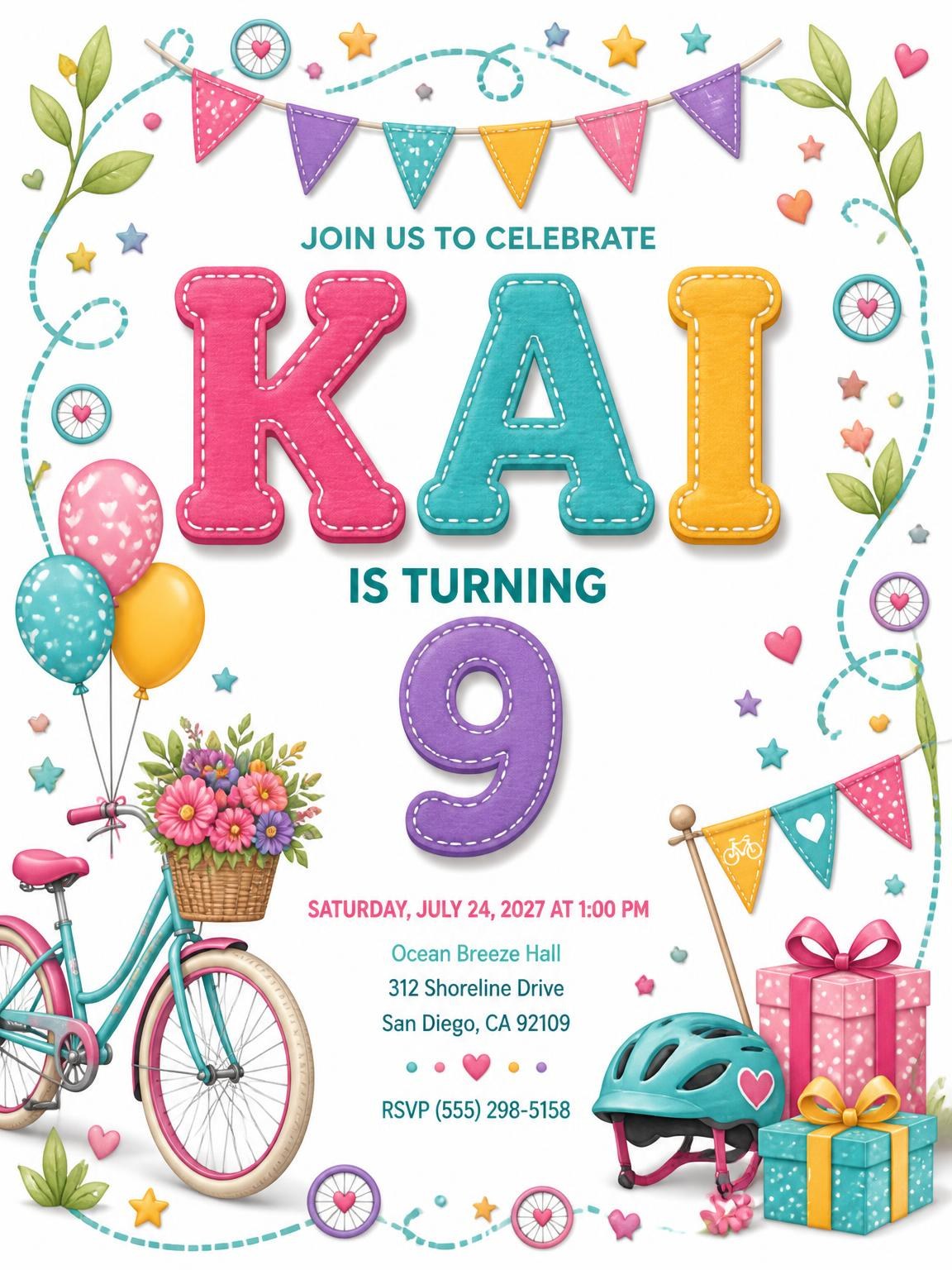 Stitched Bike Ride 9th Birthday Invitation