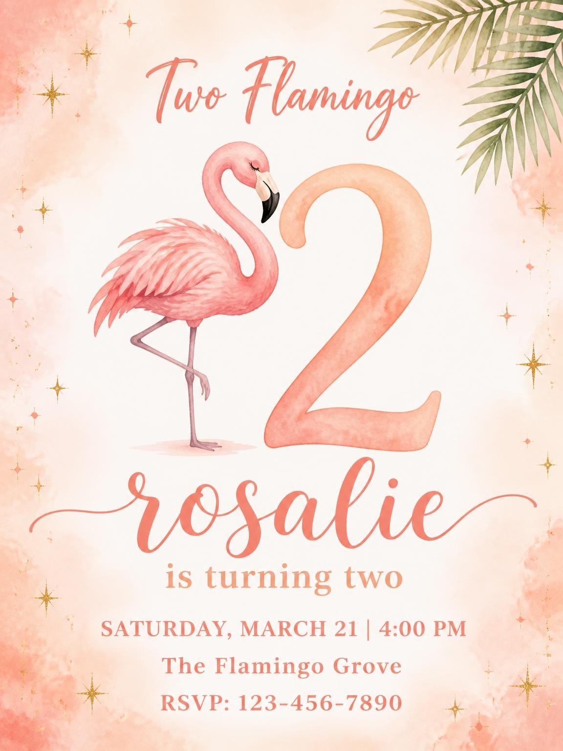 Watercolor Flamingo 2nd Birthday Invitation