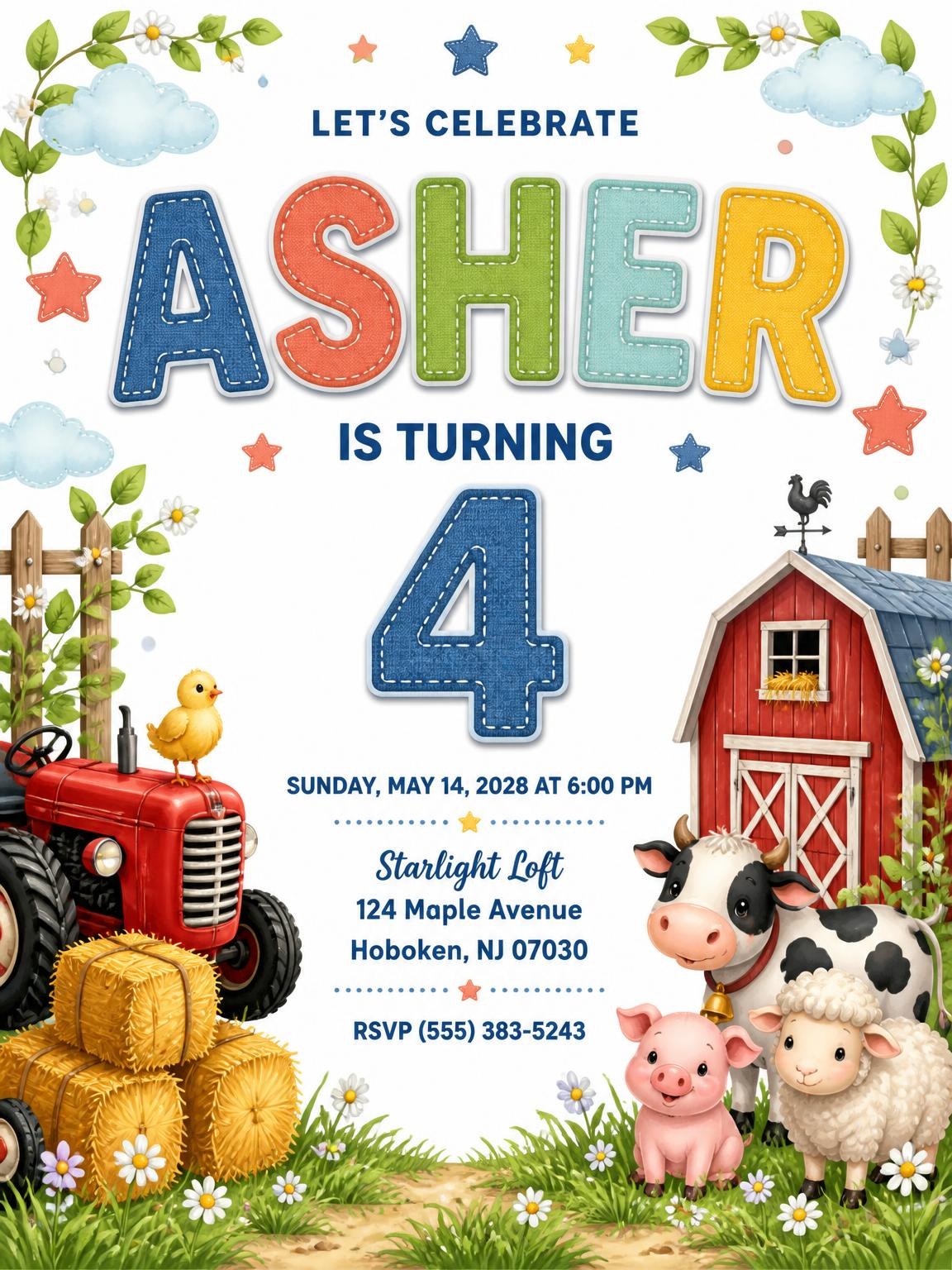 Stitched Farm 4th Birthday Invitation
