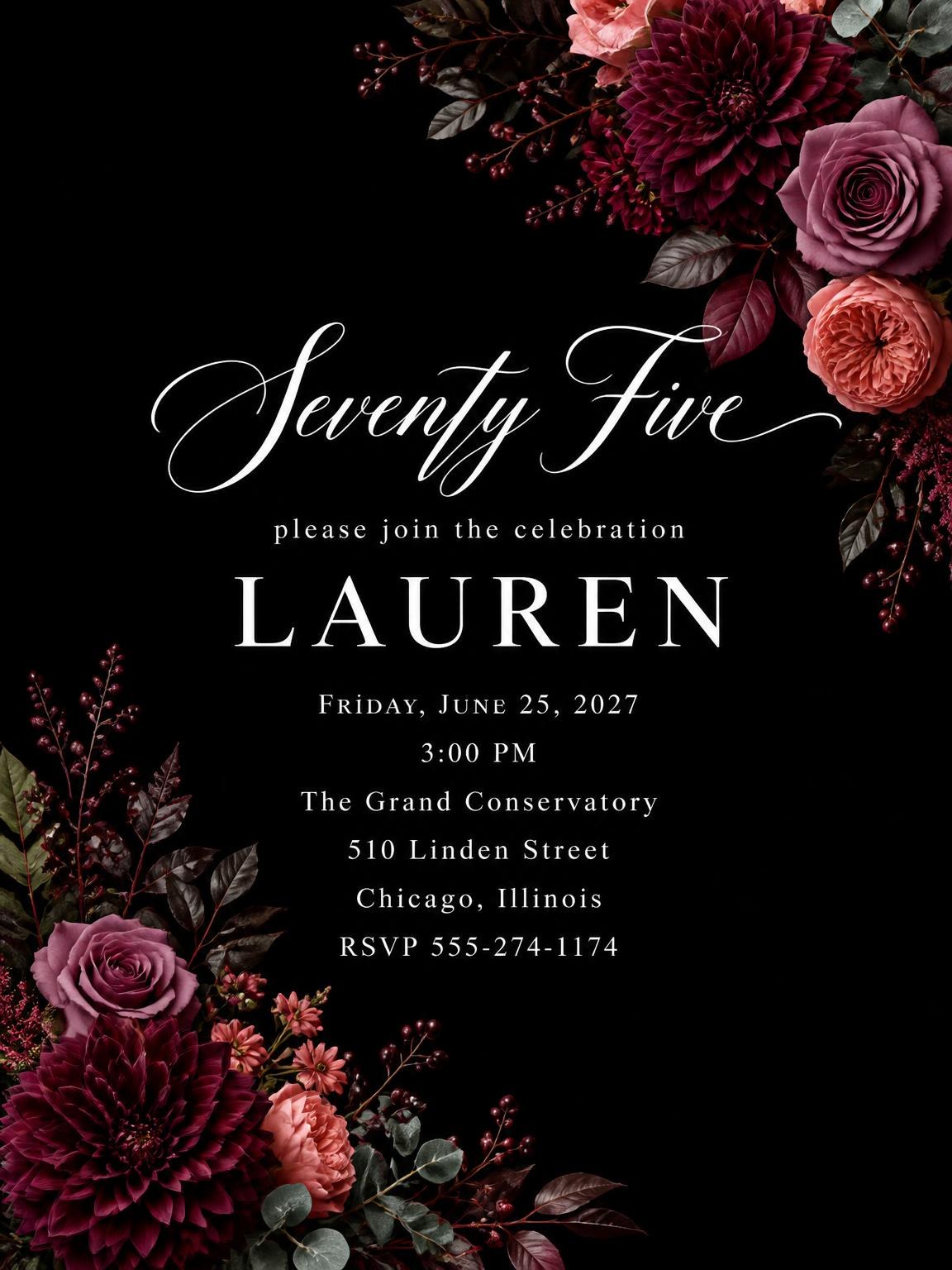 Black Floral 75th Birthday Invitation