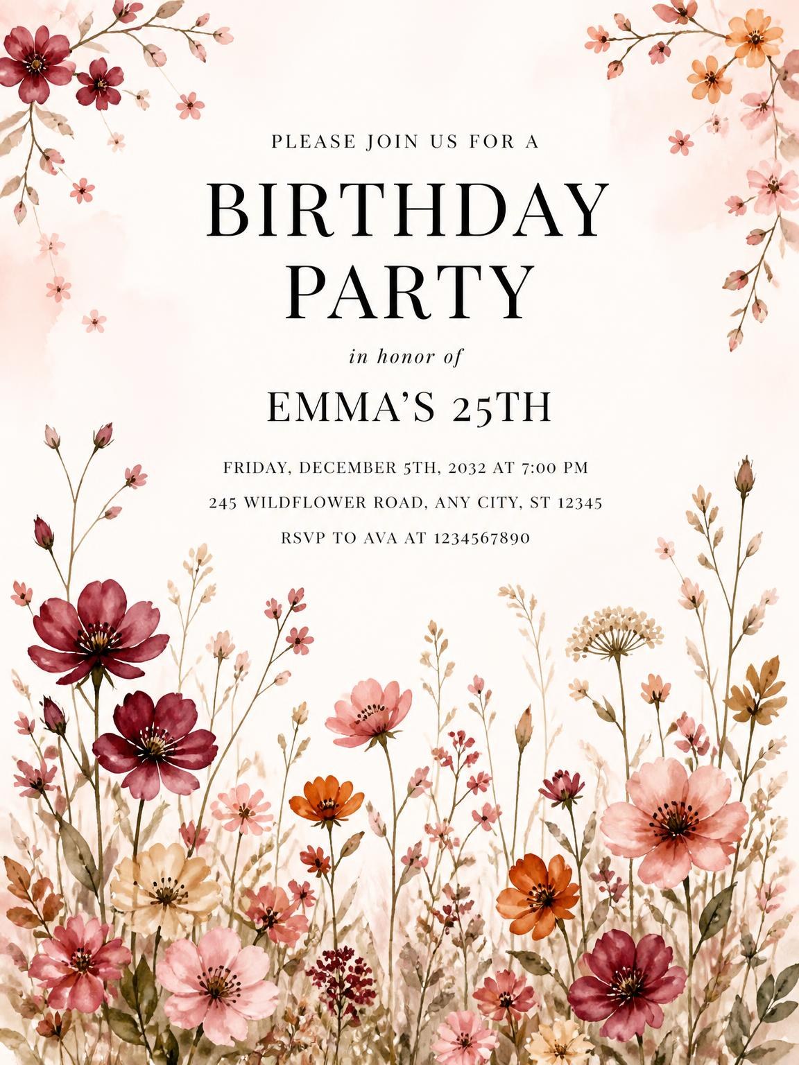 Wildflower Meadow Autumn 25th Birthday Invitation