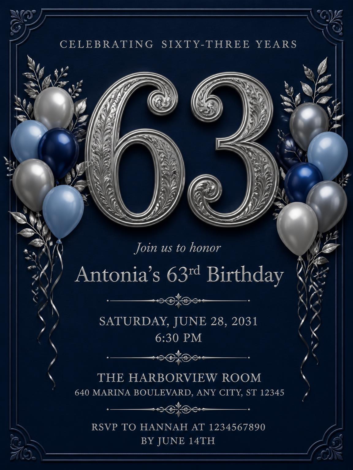 Navy and Silver 63rd Birthday Invitation