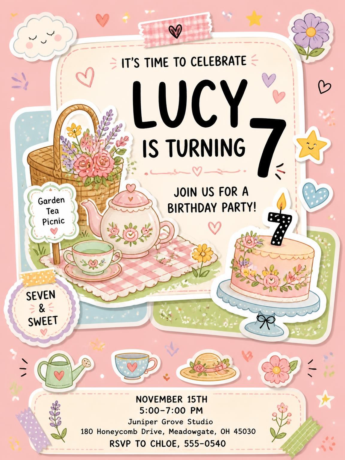 Picnic Set Pastel 7th Birthday Invitation