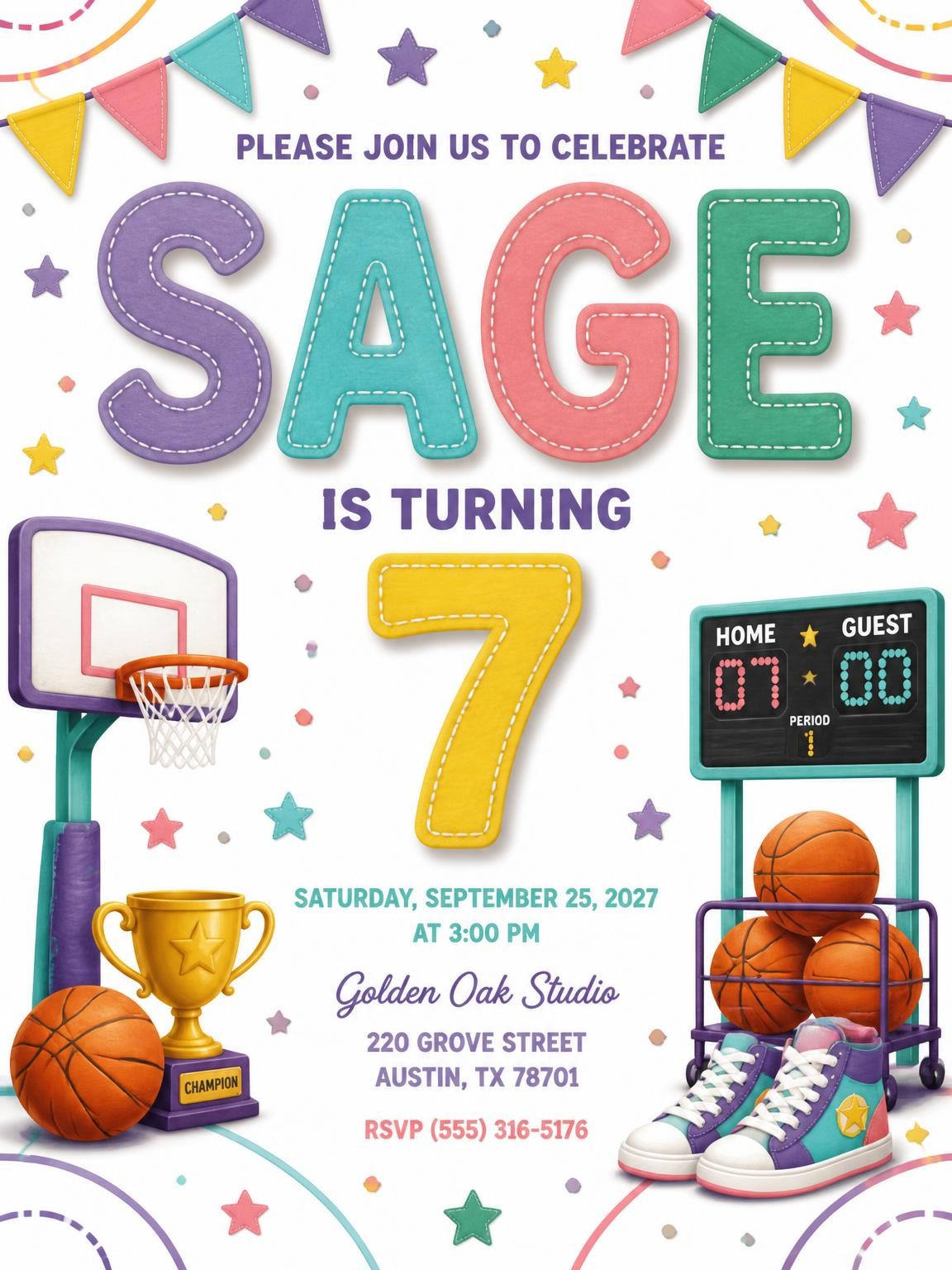 Stitched Basketball 7th Birthday Invitation