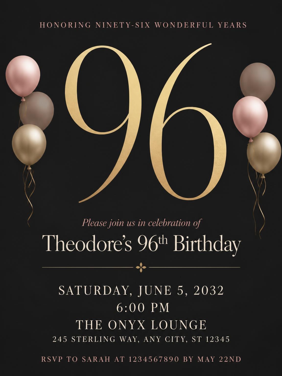 Charcoal and Blush 96th Birthday Invitation