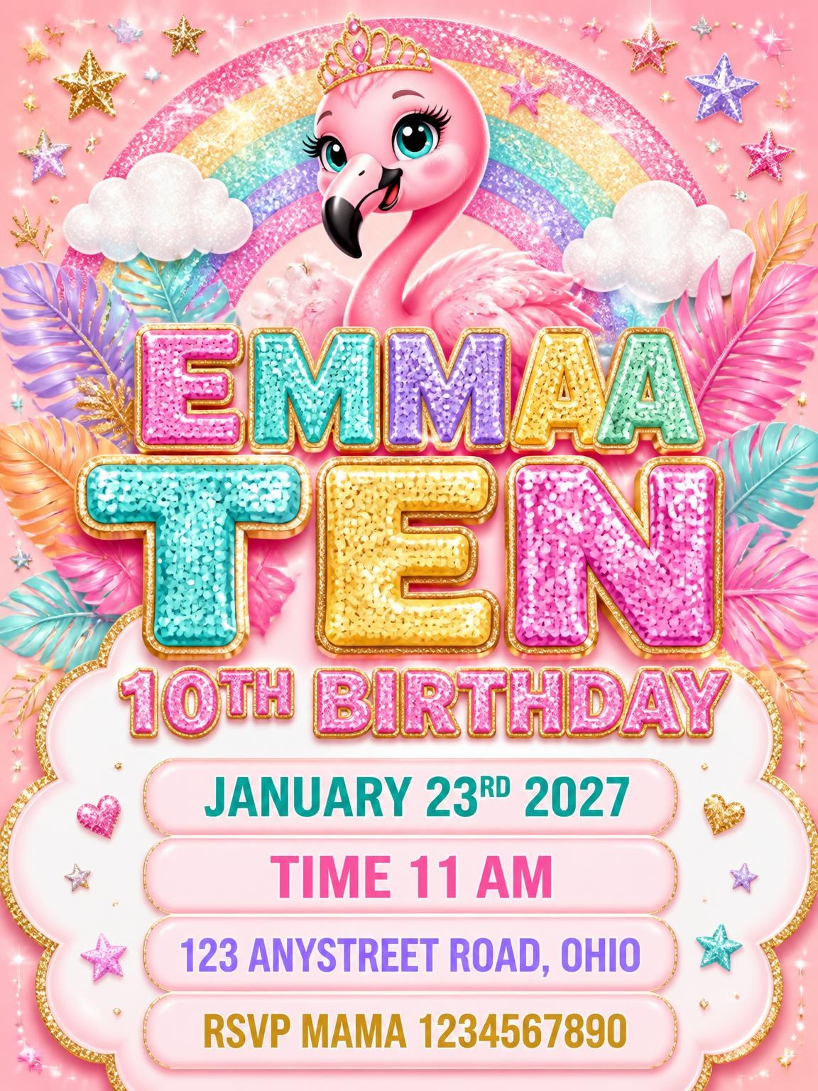 Glitter Flamingo 10th Birthday Invitation