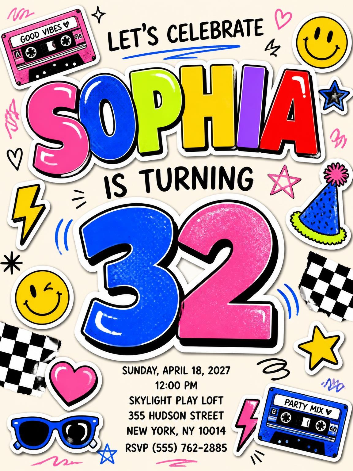 Sticker Pop 32nd Birthday Invitation