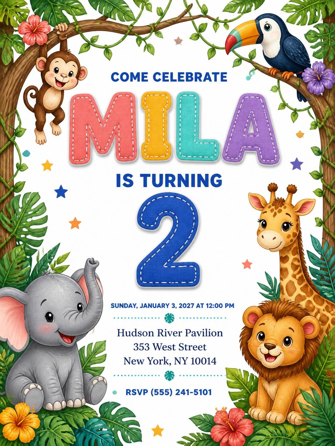 Stitched Safari 2nd Birthday Invitation