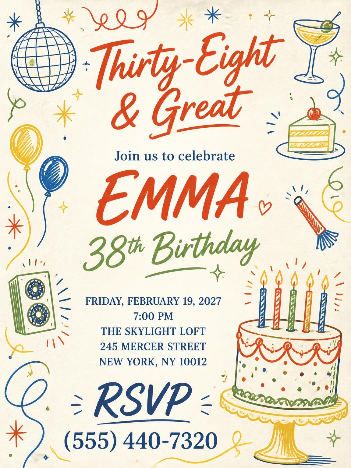 Retro Doodle 38th Birthday Invitation