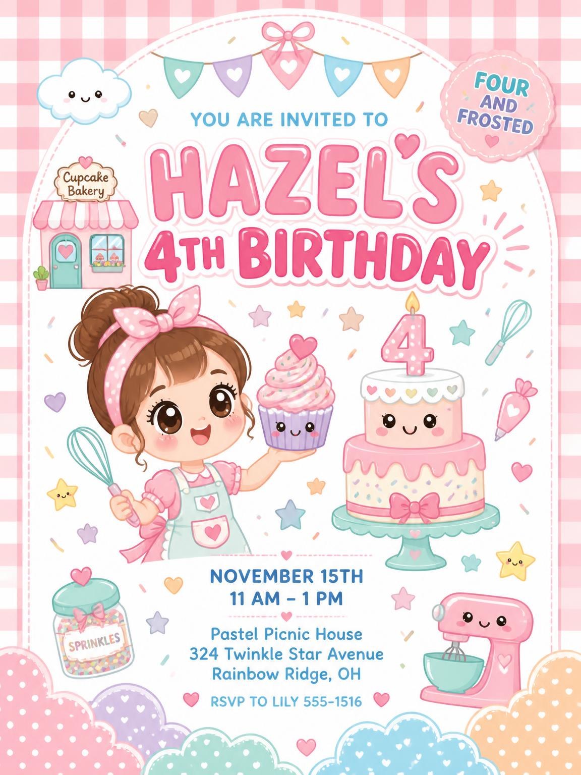 Tiered Cake Kawaii 4th Birthday Invitation