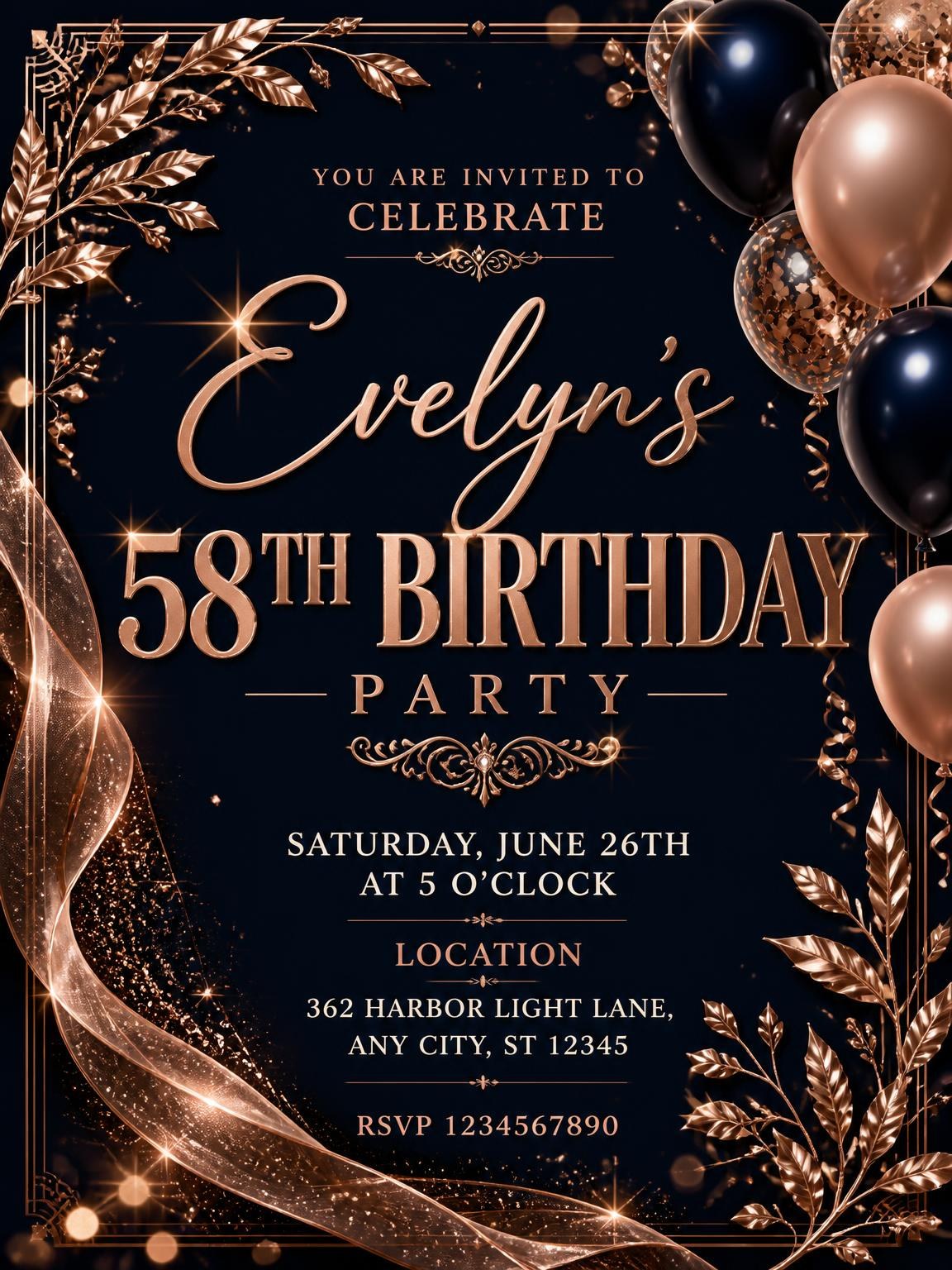 Navy and Rose Gold 58th Birthday Invitation