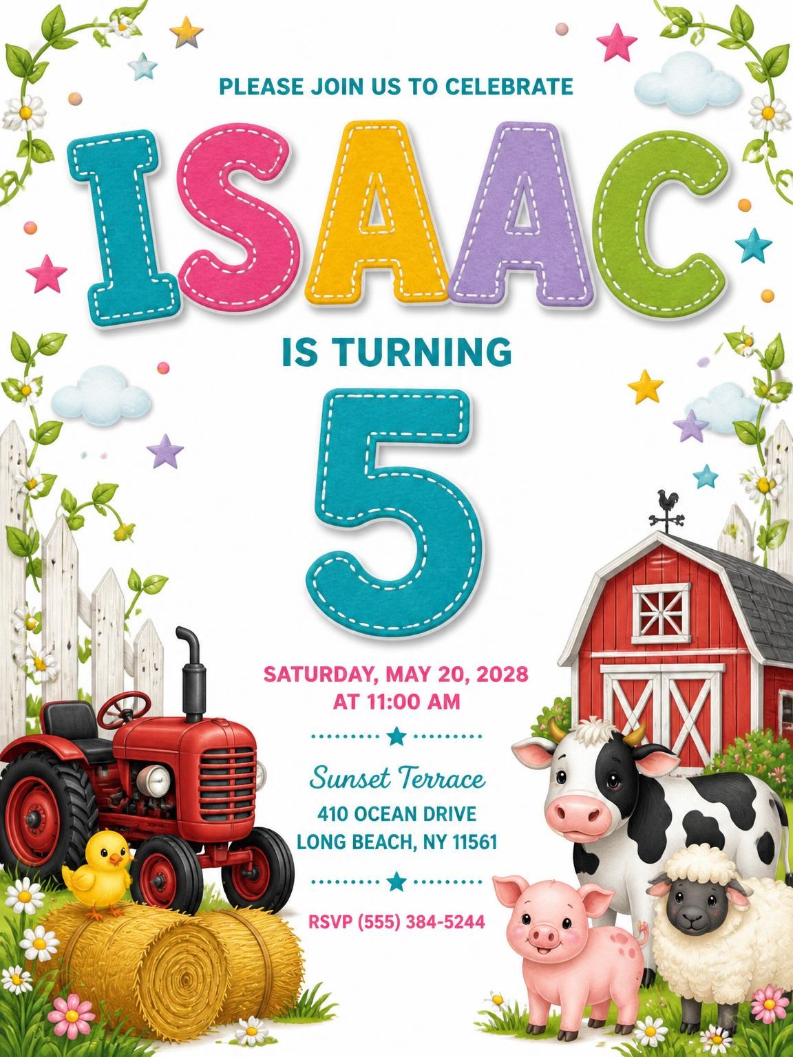 Stitched Farm 5th Birthday Invitation