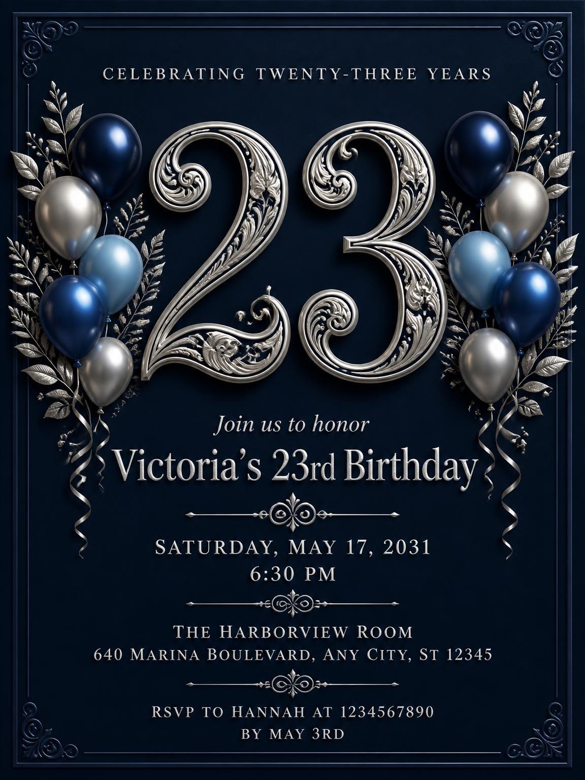 Navy and Silver 23rd Birthday Invitation