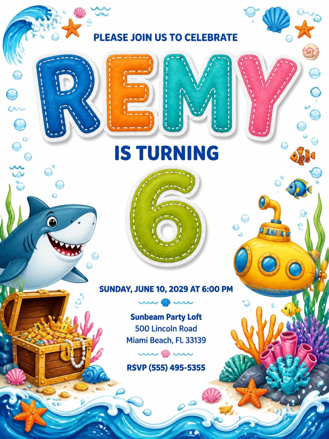 Stitched Shark 6th Birthday Invitation