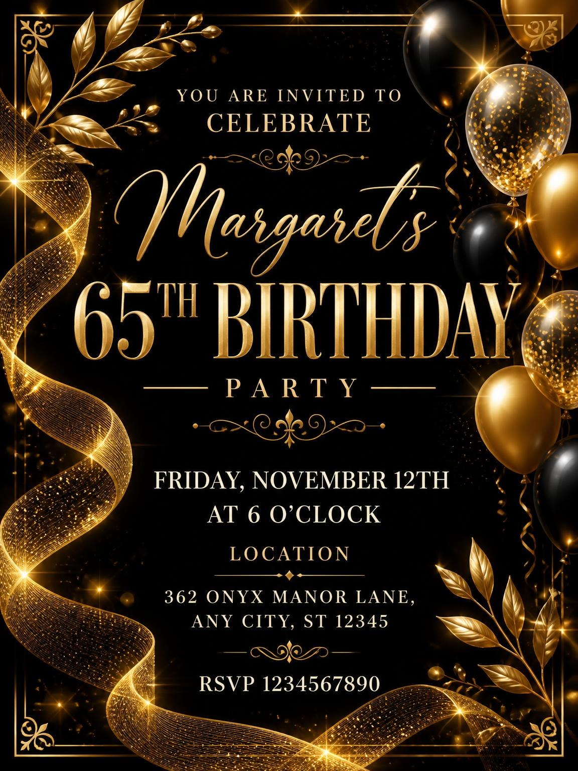 Black and Gold 65th Birthday Invitation