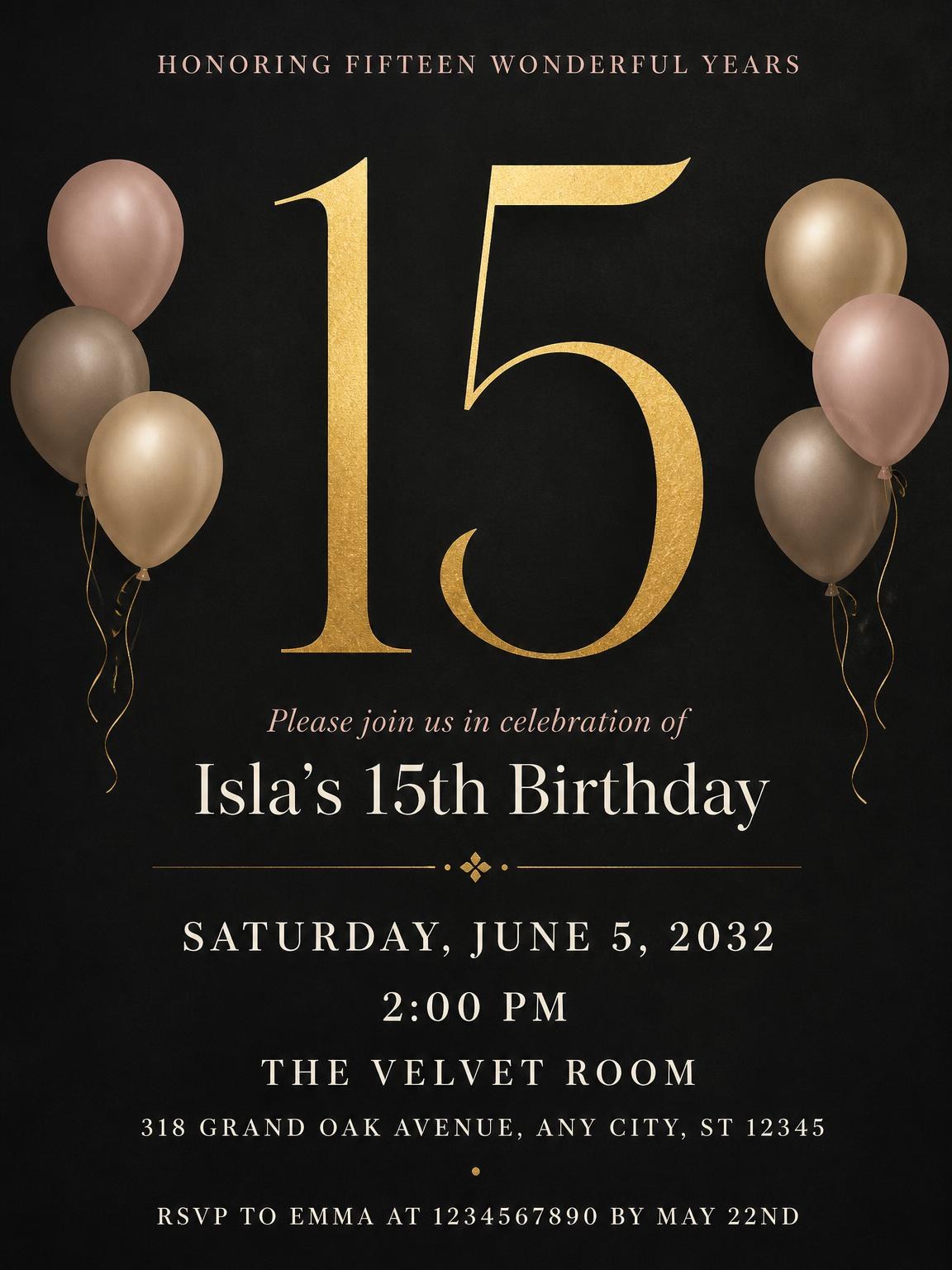 Charcoal and Blush 15th Birthday Invitation