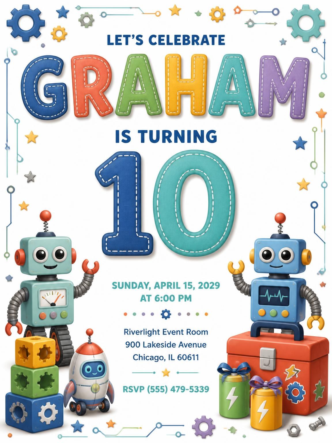 Stitched Robot 10th Birthday Invitation