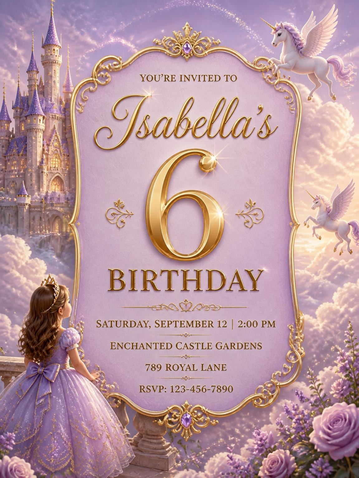 Lavender Castle Unicorn 6th Birthday Invitation