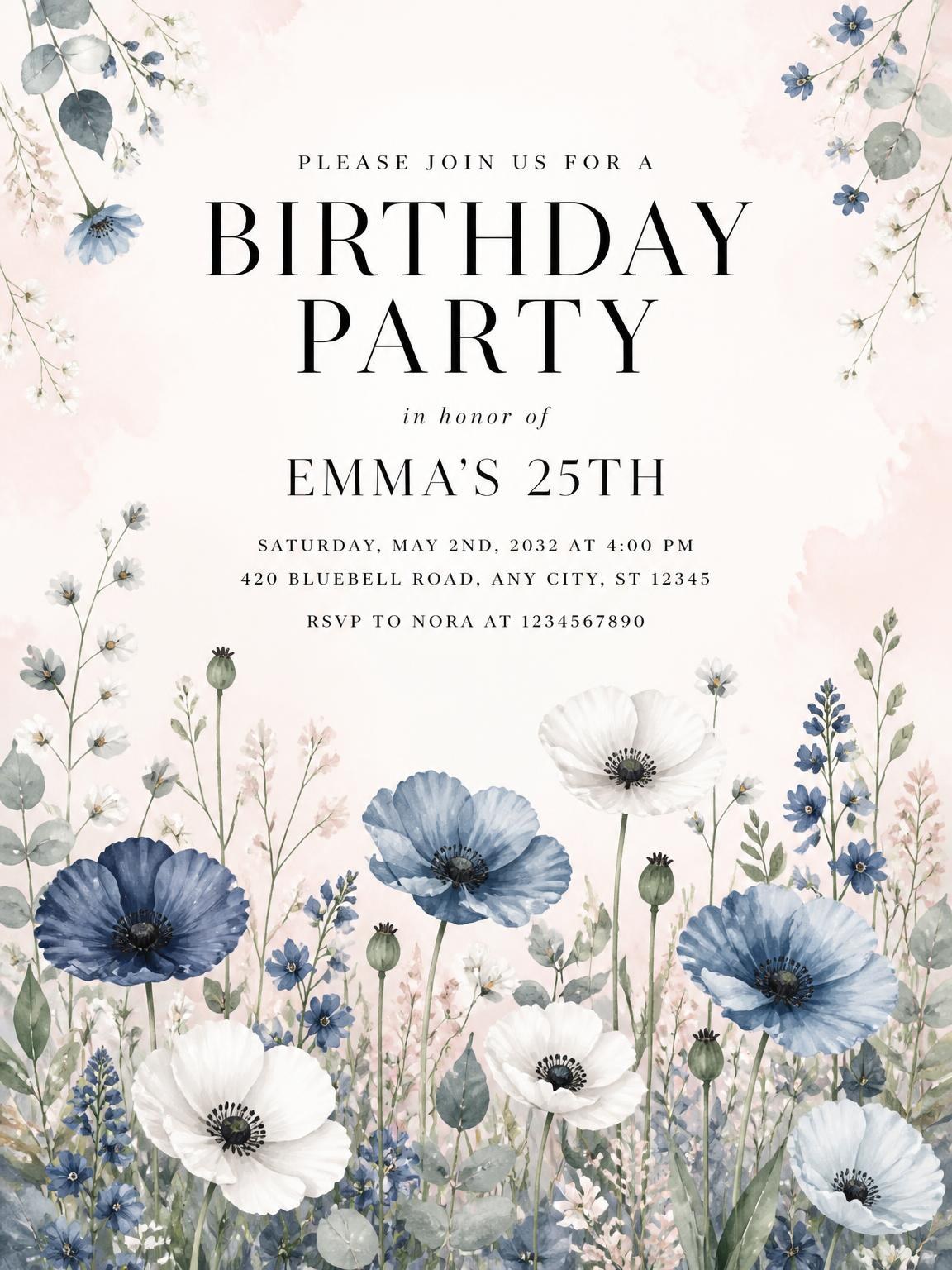 Wildflowers Poppies 25th Birthday Invitation