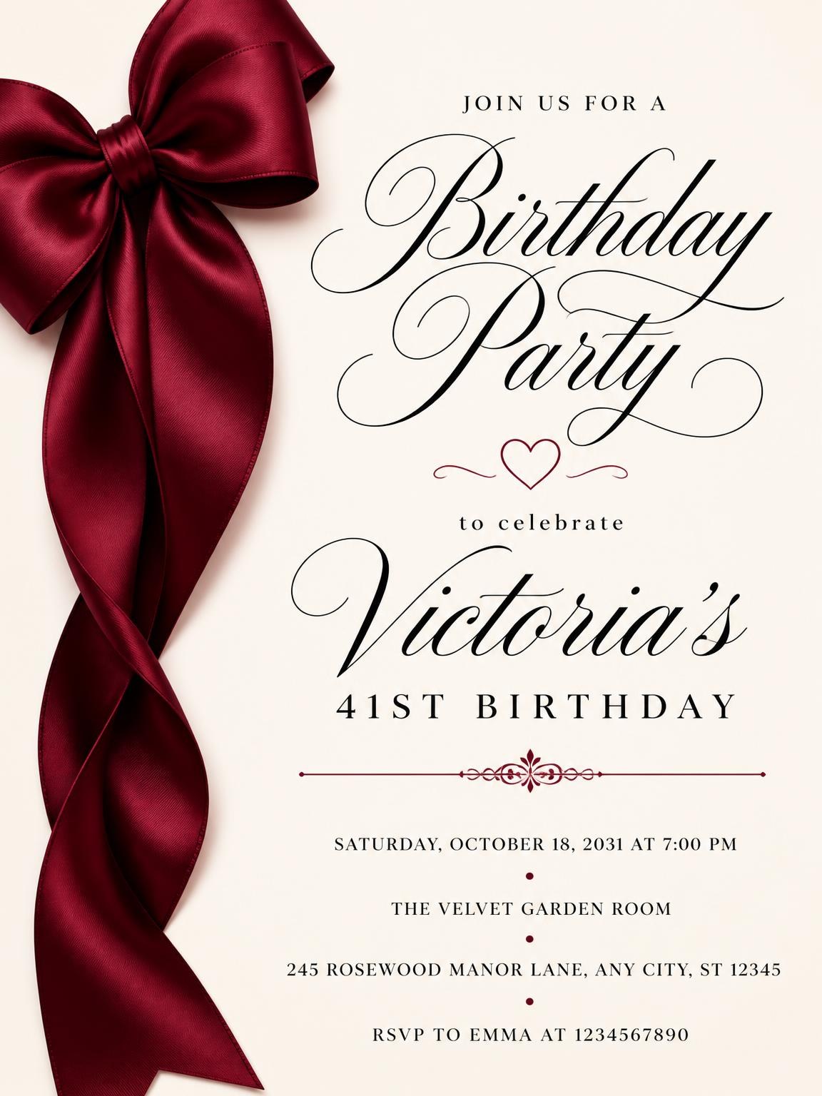 Burgundy Satin Bow 41st Birthday Invitation