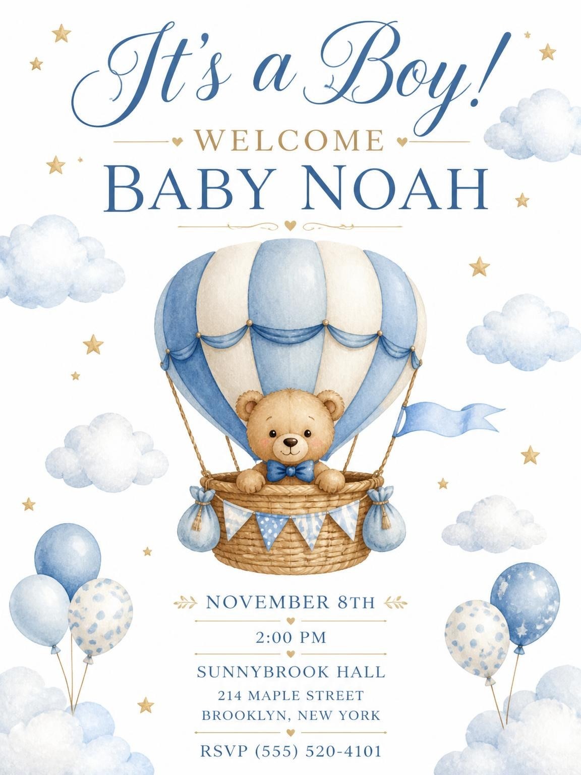 Blue Watercolor Teddy Hot Air Baby Shower