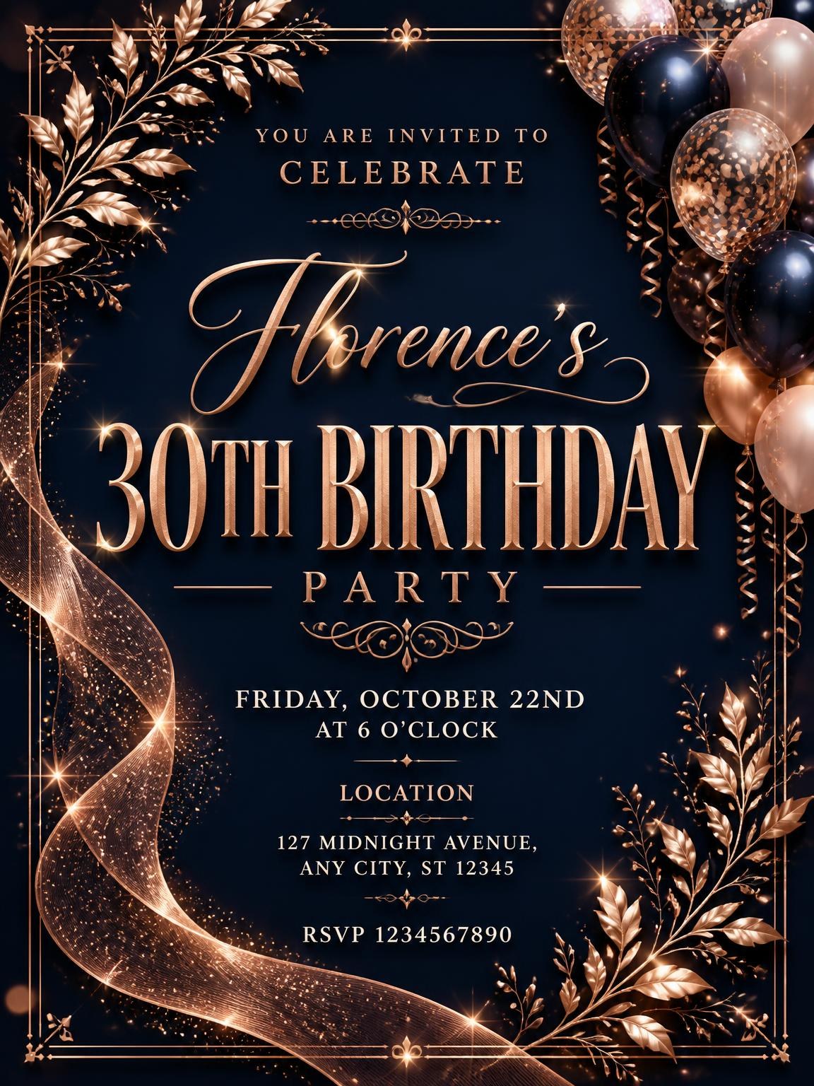 Navy and Rose Gold 30th Birthday Invitation