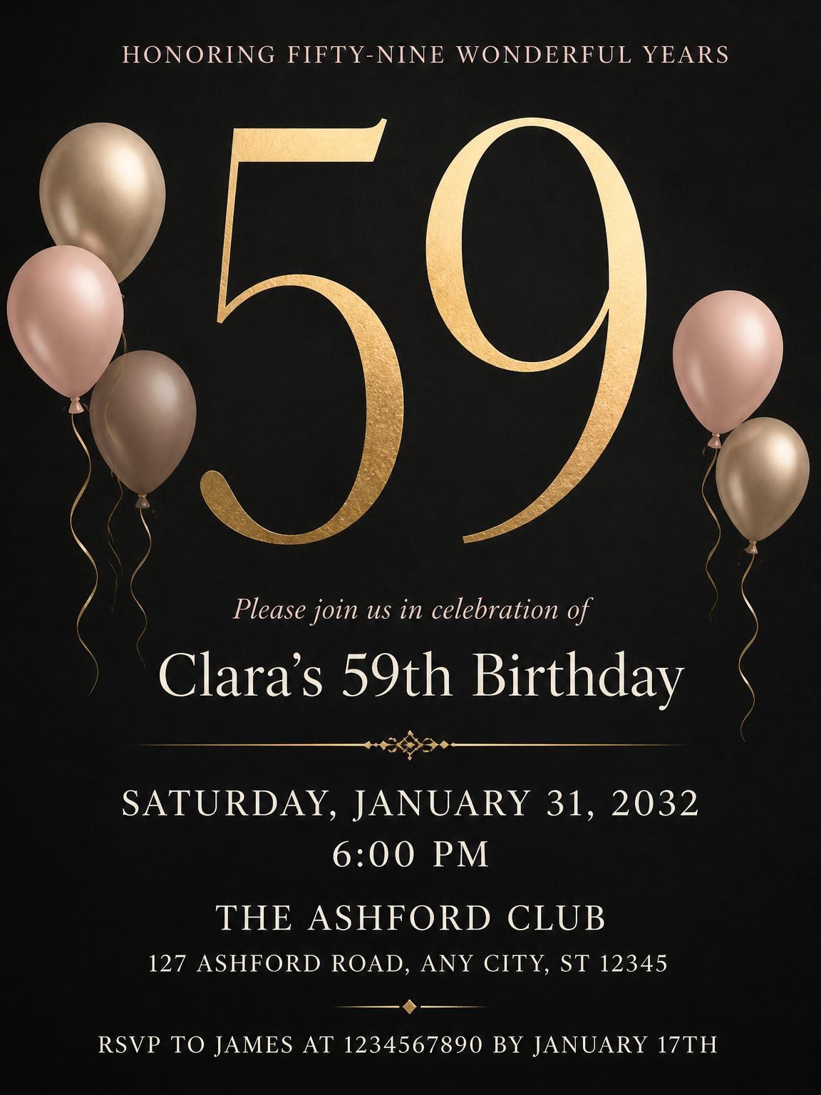 Charcoal and Blush 59th Birthday Invitation