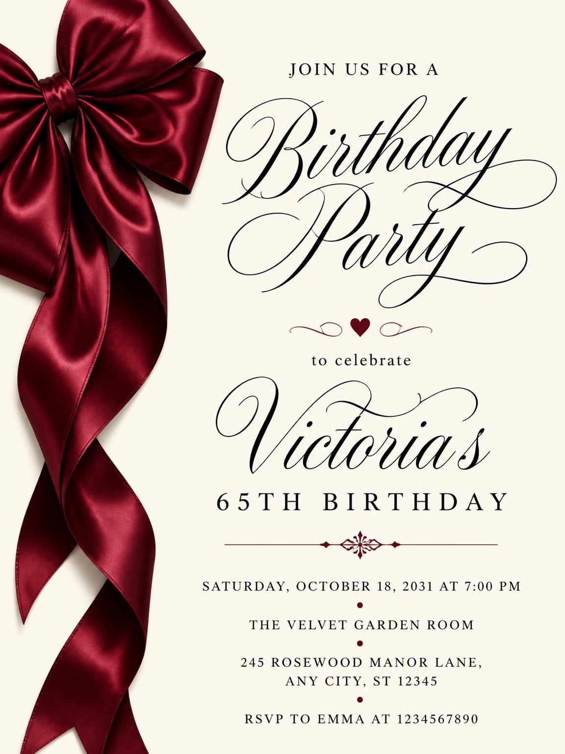 Burgundy Satin Bow 65th Birthday Invitation