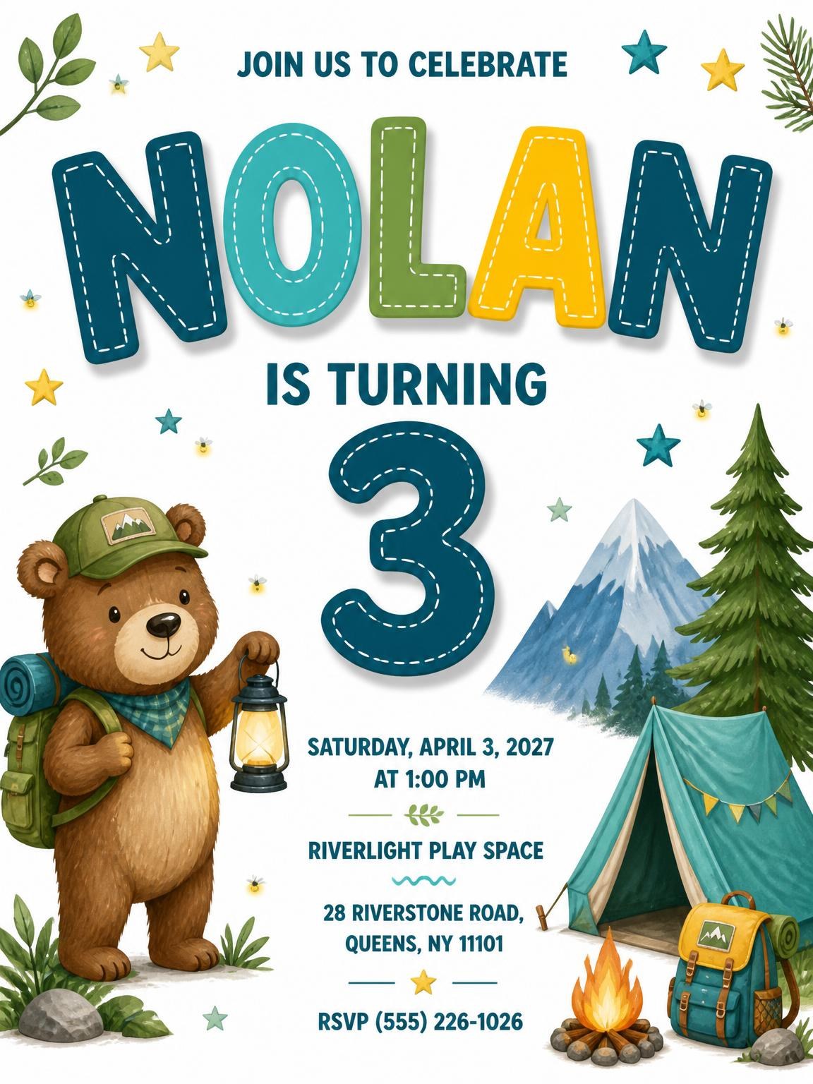 Campsite Stitched 3rd Birthday Invitation