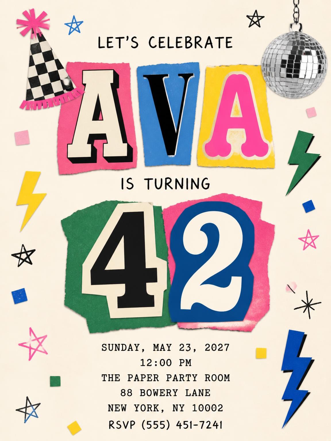 Retro Paper Collage 42nd Birthday Invitation
