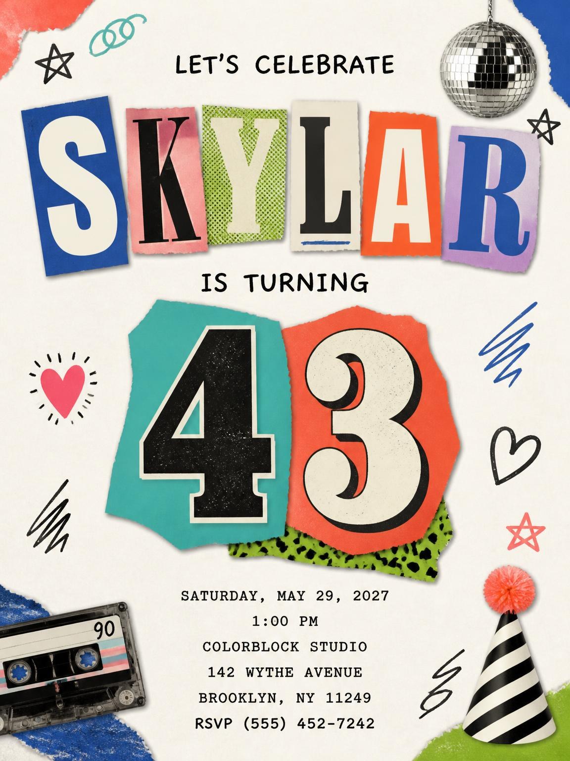Retro Paper Collage 43rd Birthday Invitation