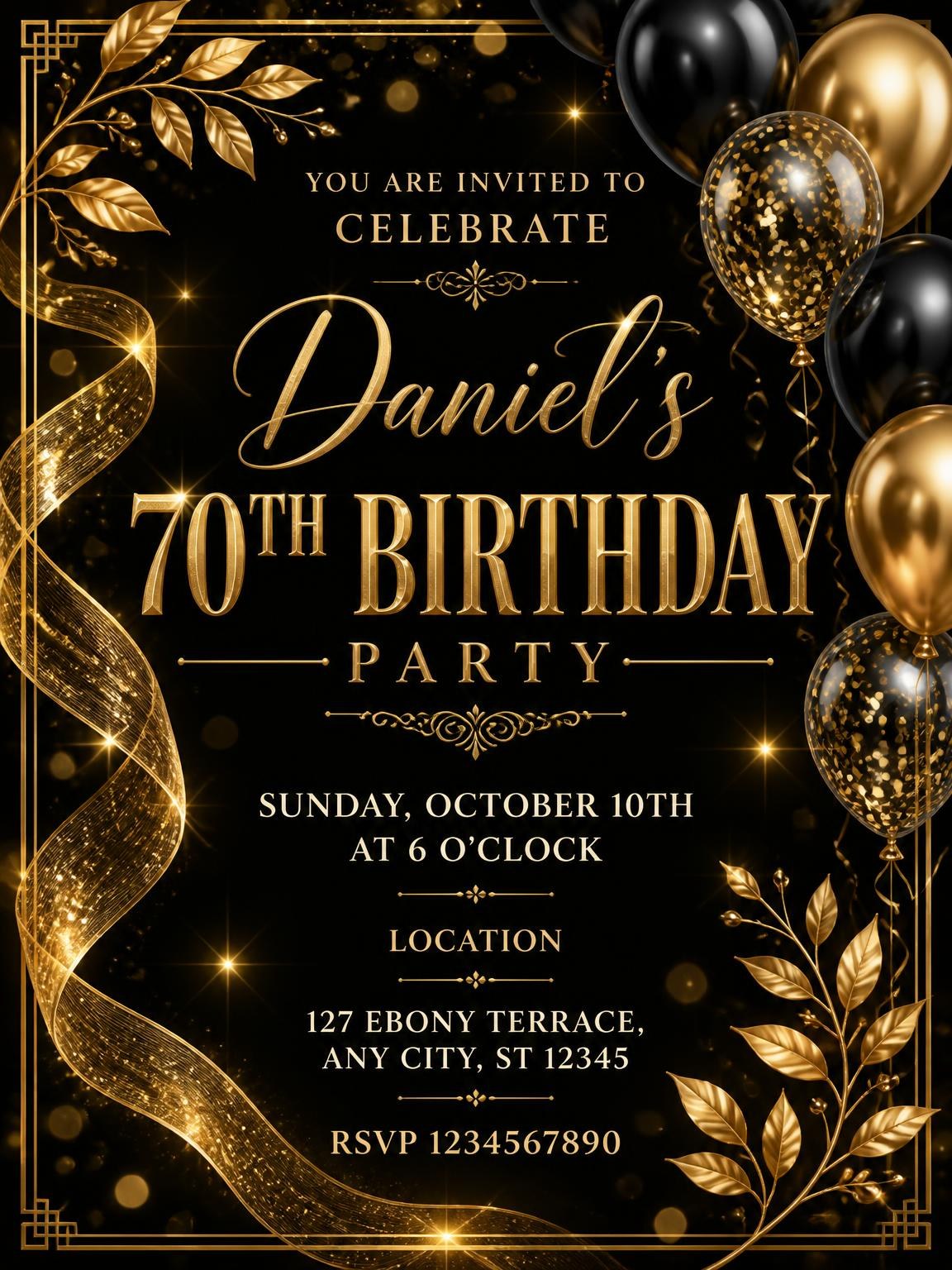 Black and Gold 70th Birthday Invitation