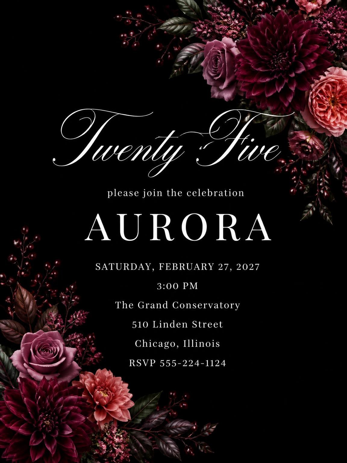 Black Floral 25th Birthday Invitation
