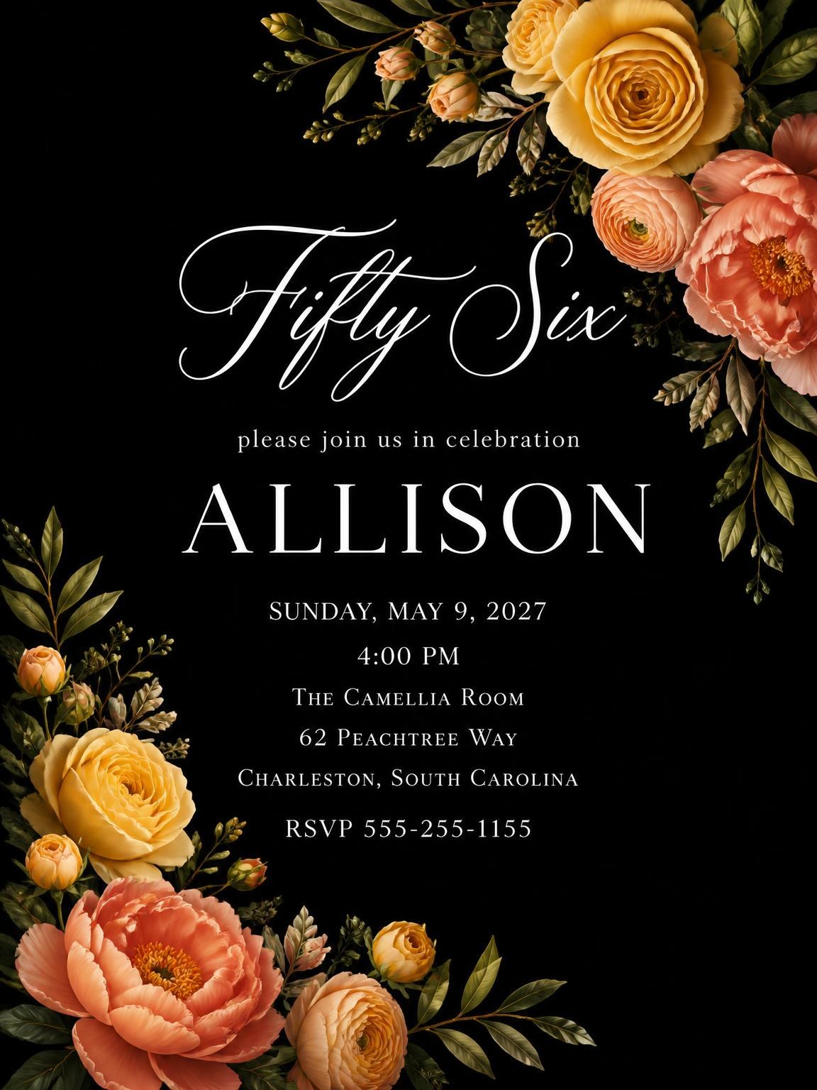 Black Floral 56th Birthday Invitation