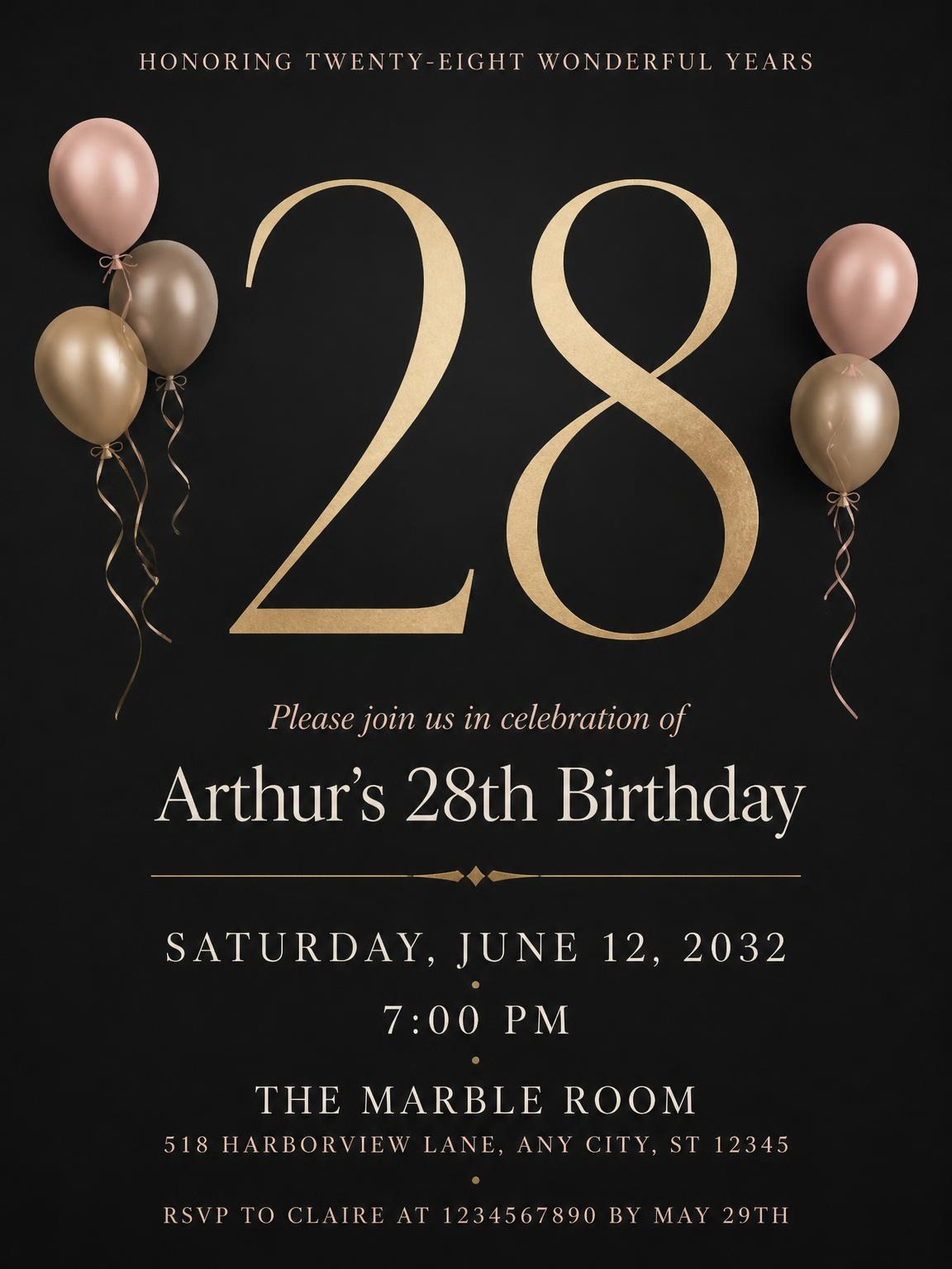 Charcoal and Blush 28th Birthday Invitation