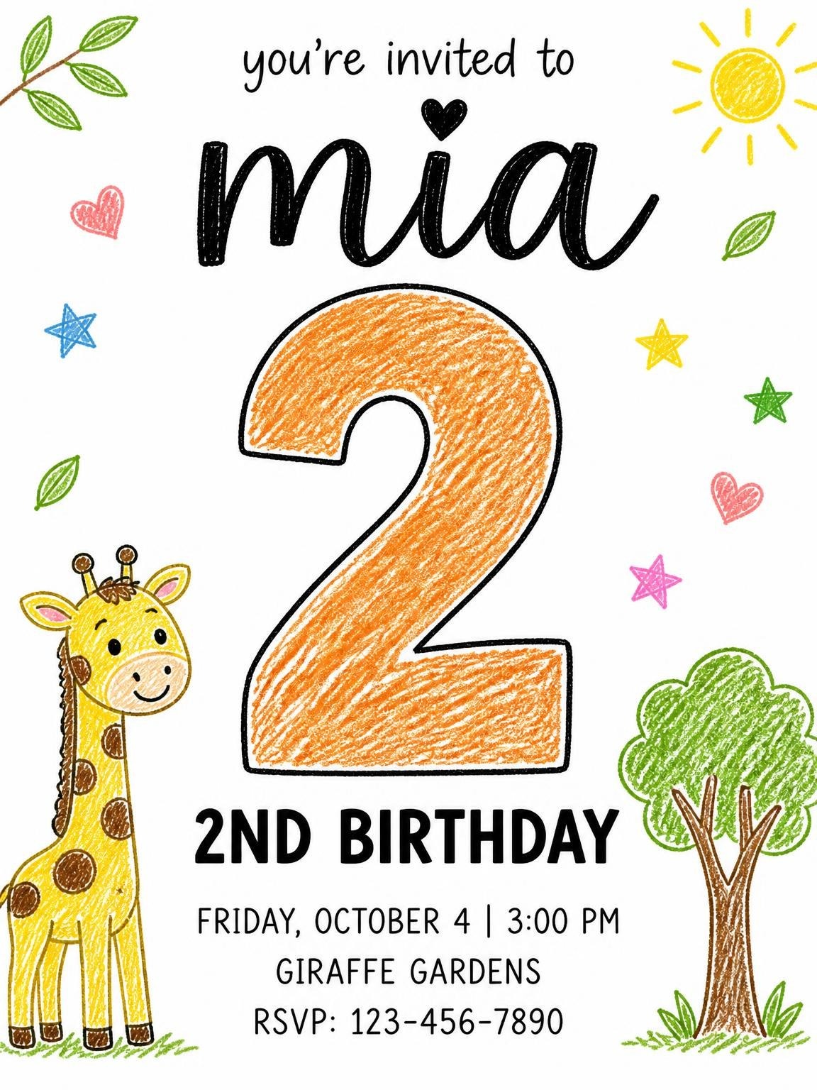 Crayon Giraffe 2nd Birthday Invitation