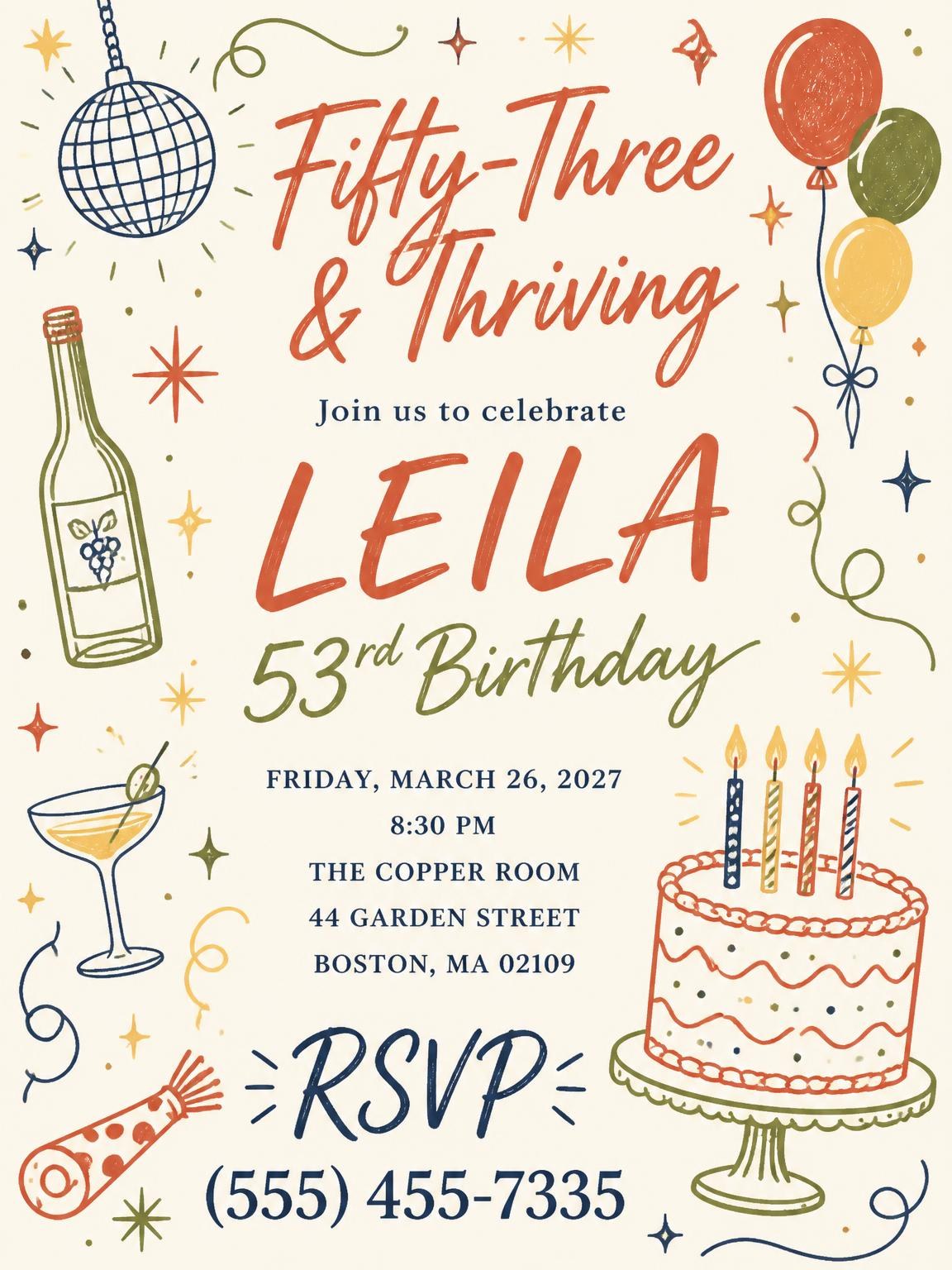Retro Doodle 53rd Birthday Invitation