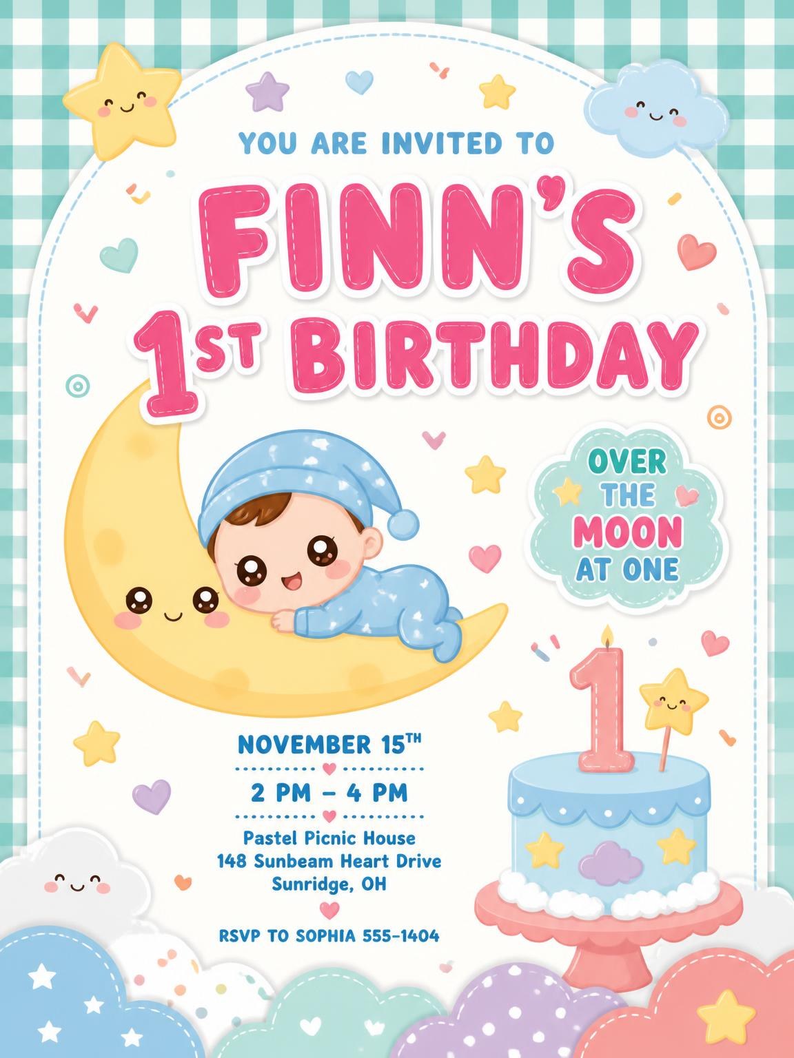 Kawaii Moon Baby 1st Birthday Invitation