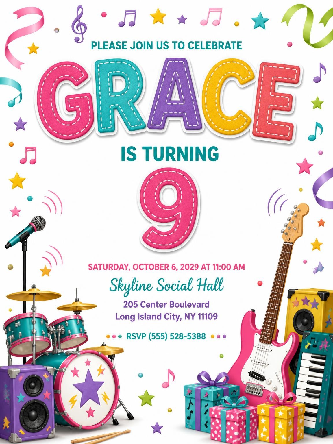 Stitched Rock Star 9th Birthday Invitation