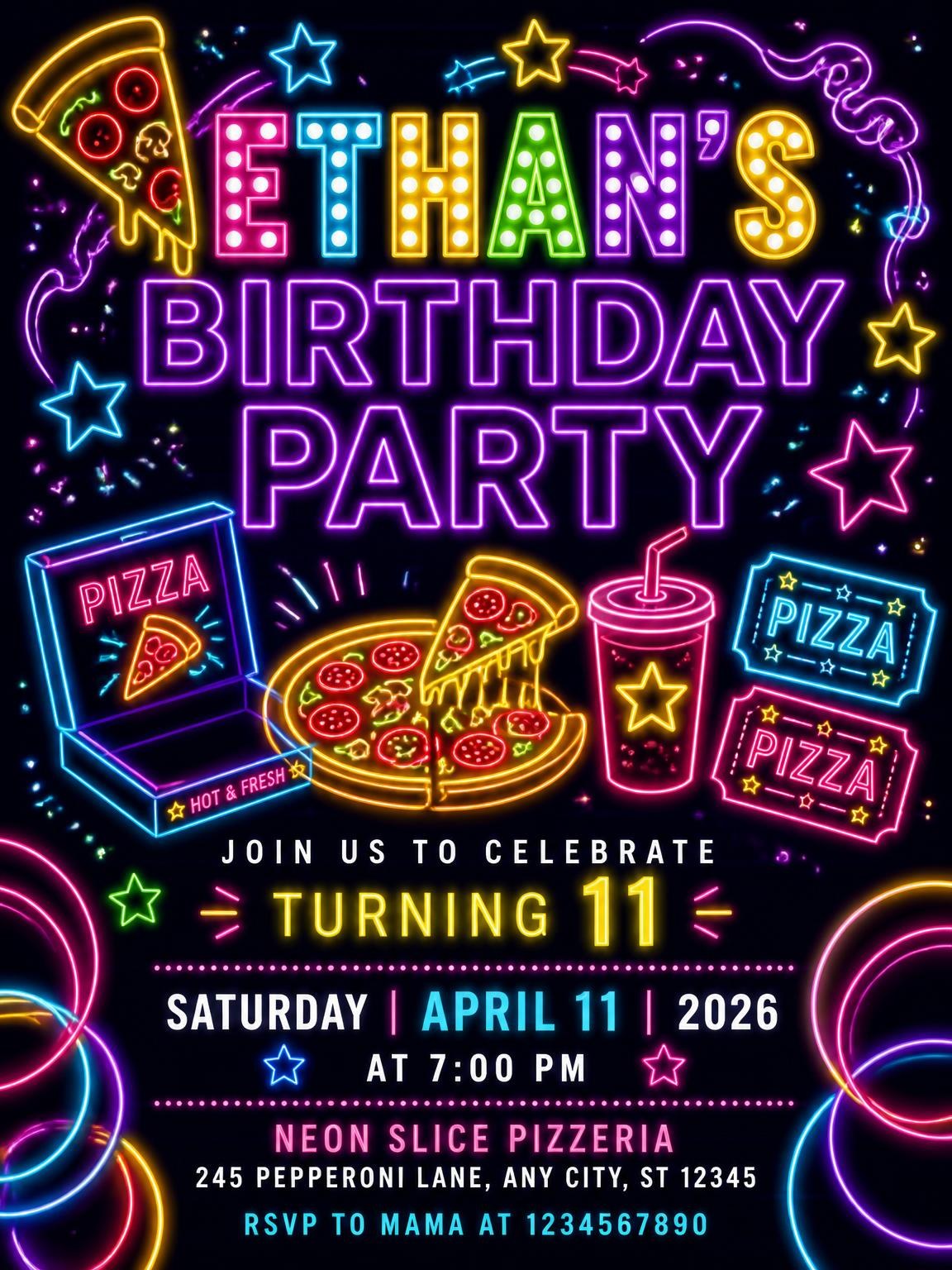 Neon Pizza 11th Birthday Invitation