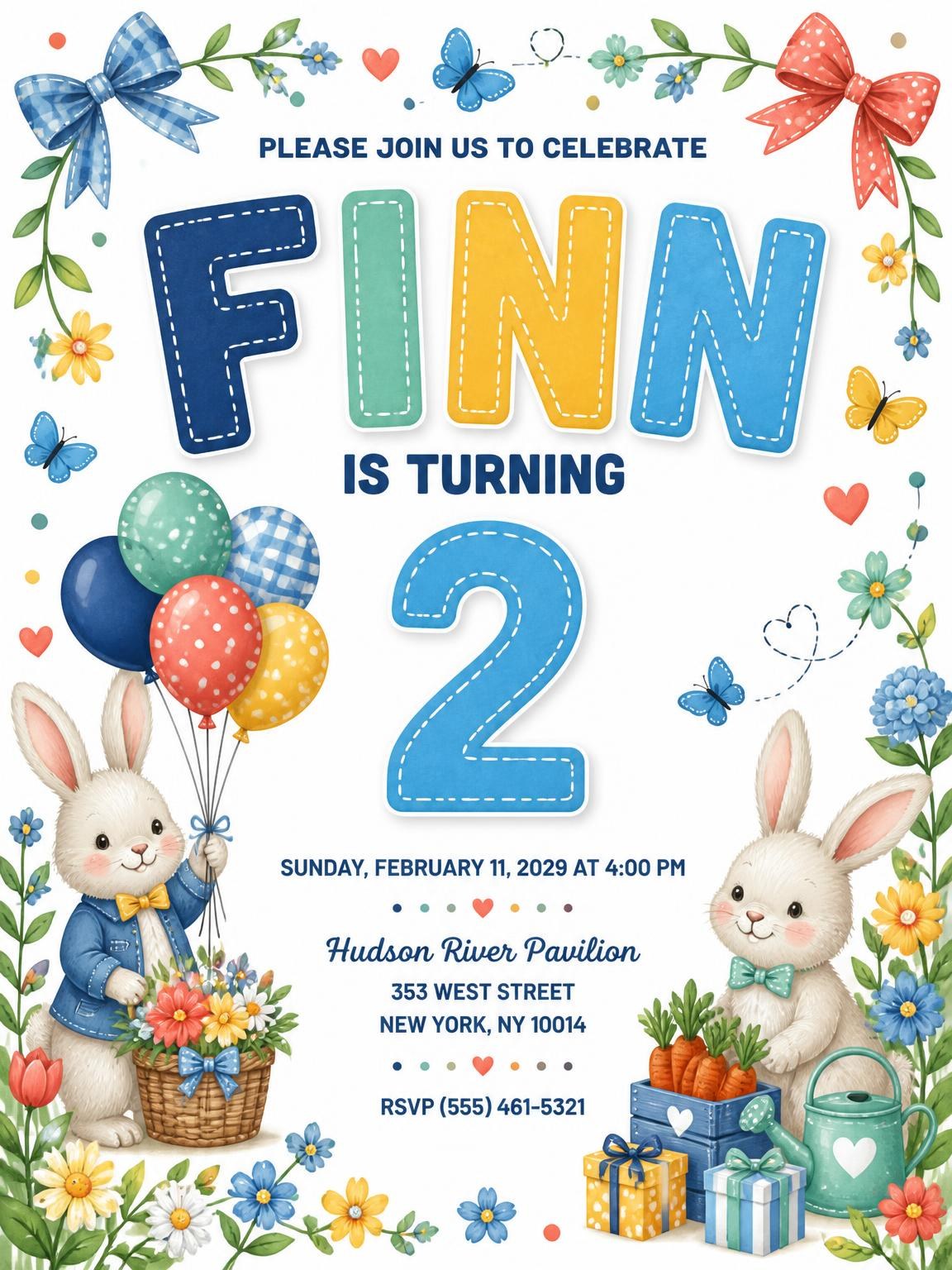 Stitched Bunny Garden 2nd Birthday Invitation