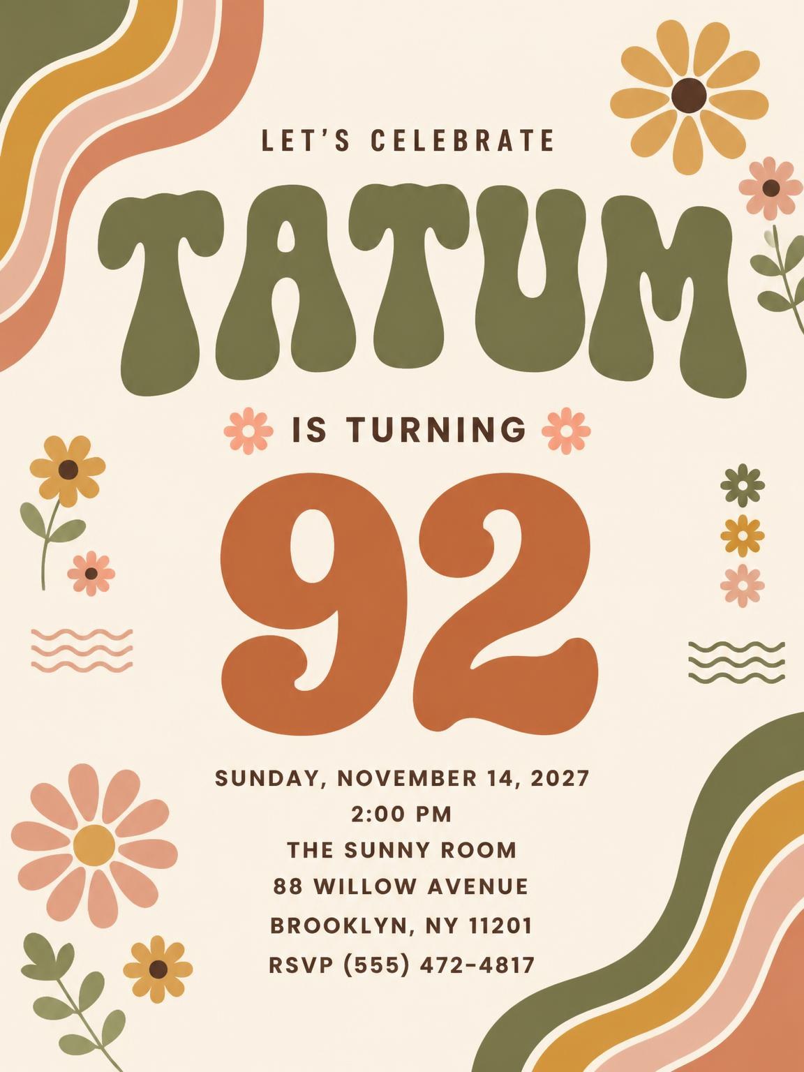 Groovy Retro 92nd Birthday Invitation