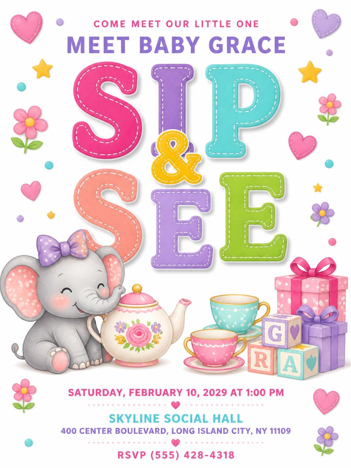 Baby Elephant Sip and See Invitation